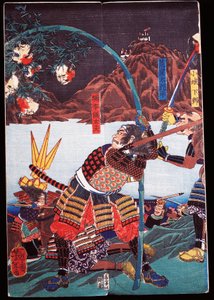 Samurajové zobrazující useknuté hlavy svých nepřátel na bambusových holí, sewamono (domácí hra) od Japanese School