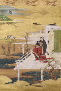 Scéna z Příběhu Genjiho (barva inkoustu a plátek zlata na papíře) od Japanese School