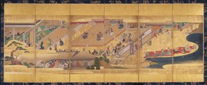 Šestinásobná obrazovka s Noh Play Funa-Benkei, c.1660 (barva, gofun, inkoust a zlato na papíře) od Japanese School
