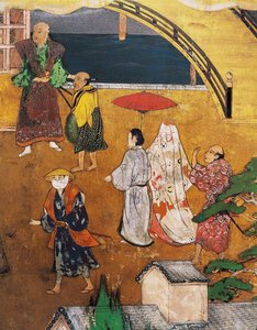 Příchod Portugalců do Japonska, detail pouliční scény, z plátna Namban Byobu, 1594-1618 od Japanese School