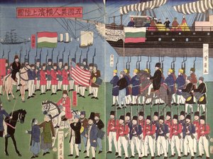 Příjezd eskadry komodora Perryho do japonského přístavu v roce 1853 (barevný dřevořez) od Japanese School