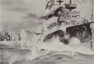 Mikasa statečně bojující proti ruské eskadře u Port Arthuru 10. srpna (litho) od Japanese School