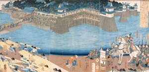Triptych zobrazující pevnost postavenou u řeky Kunigos, období Edo 1603–1868. od Japanese School