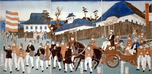 Triptyykki, joka esittää ulkomaalaisten paraatia Yokohamassa hevoskärryissä tähtiä ja raitoja kantavan miehen ja sotilassoittokunnan johdolla, 1861. Utagawa Yoshigawa (toiminut 1850-1870) japanilainen ukiyo-e-taiteilija. od Japanese School