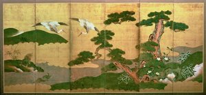 Dva jeřáby potápějící se za borovicí a skalním lesem, období Edo od Japanese School