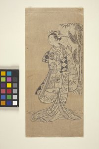 Bez názvu (Žena stojící před stromem) (barevný dřevořez) od Japanese School