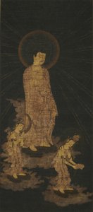 Uvítací sestup triády Amida Buddha (zlato a barva na hedvábí barveném indigem) od Japanese School