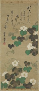 Yugao vinice a báseň, Závěsný svitek (nalepený na panelu), 18.-19. století (barva na papíře) od Japanese School