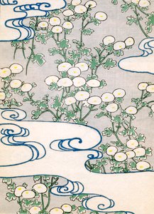 barevný dřevotisk Blooming Vines a Wave Pattern od Japanese School