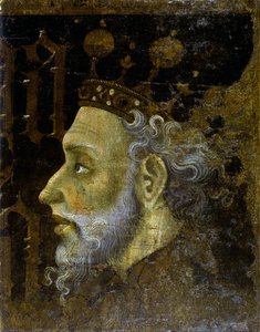 Alfonso V. Aragonský dit le Magnanime - Alfonso V (1396-1458), král Aragonie - Obraz od Jaume (Jaime) Mateu (1382-1452) - 1427 - Tempera na panelu - 56,3x45,3 - Národní muzeum umění Katalánska , Barcelona