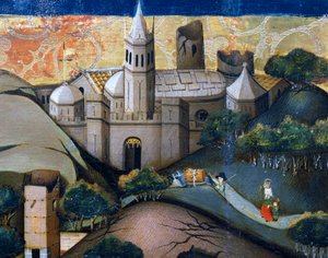 Krajina s biskupským kostelem, detail z Útěk do Egypta, oltářní obraz z Verdu od Jaume Ferrer