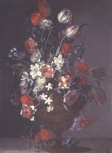 Tulipány, růže a další květiny ve váze na římse od Jean Baptiste (follower of) Monnoyer