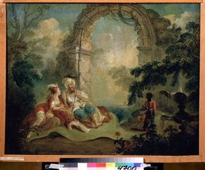 Orientalismus: „Turecký paša a odaliska ležící na koberci, obsluhuje je černý sluha“ (turecký paša a odaliska) Obraz Jean Baptiste Hilaire (1753-cca 1822) Pouchkine Museum, Moskva od Jean Baptiste Hilaire