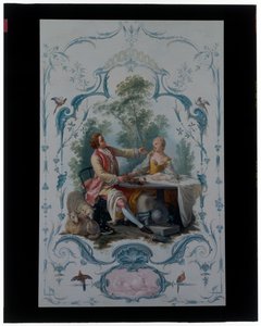 Zwei dekorative Paneele mit Liebespaaren mit den Titeln "Das Picknick" und "Der Toast"