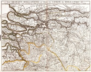 Mapa holandského Brabantu (nebo Severního Brabantu) a části hrabství Holland (Nizozemsko) (rytina od Jean Baptiste Nolin