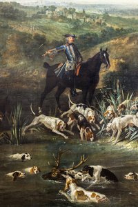 Ludvík XV. loví jeleny v lese Saint-Germain, 1730 (olej na plátně)