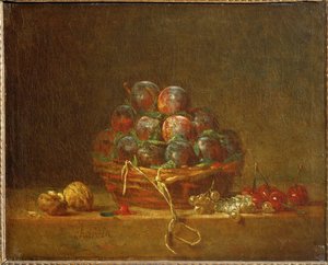 Košík se švestkami, ořechy, rybízem a třešněmi (malba na plátně) od Jean-Baptiste Simeon Chardin