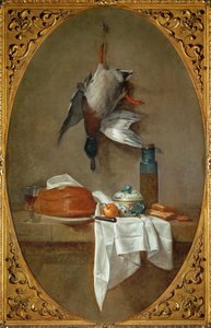 Canard moDuck zavěšený za nohu, koláč, mísa a hrnec s olivami (malba na plátně) od Jean-Baptiste Simeon Chardin