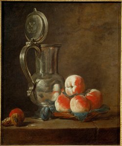 Cínová nádoba s talířem broskví, sušených švestek a ořechů (malba na plátně) od Jean-Baptiste Simeon Chardin
