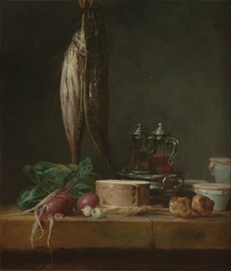 Zátiší s rybami, zeleninou, gougéres, hrnci a kelímky na stole od Jean-Baptiste Simeon Chardin