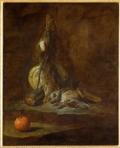 Dva mrtví zajíci s brašnou na zvěř, prachovkou a pomerančem (malba na plátně) od Jean-Baptiste Simeon Chardin