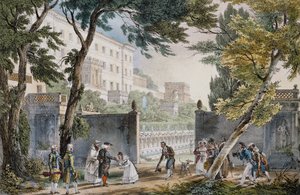 Galantní scéna u vchodu do vily v Římě, cca 1820, rytina Jean-Baptiste Thomas (1791,1833) od Jean Baptiste Thomas