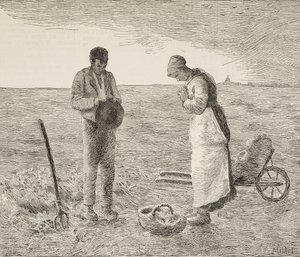 Angelus, pár farmářů na polích, rytina z obrazu Jeana-Francoise Milleta (1814-1875), francouzského malíře, z L