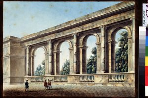 Pohled na klenutou galerii. Obraz Jeana Francoise Thomase de Thomon (1754-1813). Akvarel a tuš na papíře, 38,4 x 52,8 cm