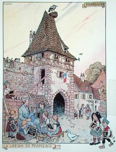Francouzský voják vyučující francouzštinu alsaským dětem, které se znovu staly francouzskými občany, ilustrace z 