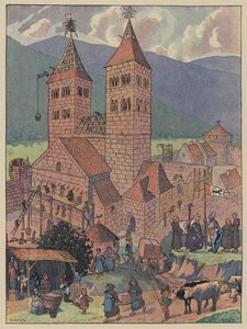 Výstavba opatství Murbach, poblíž Guebwiller, Alsasko (barva litho)