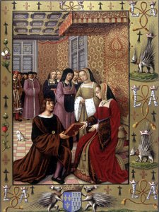 Jean Marot nabízí svou knihu Le Voyage de Genes královně Anně Bretaňské po iluminaci Jeanem Bourdichonem, kolem roku 1508