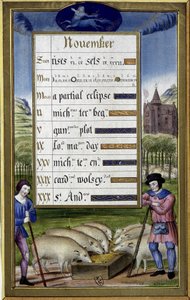 Listopad a znamení střelce: chov prasat - faksimile hodin Anny de Bretagne, Jean Bourdichon