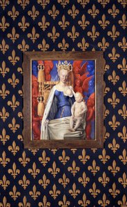Kojící Panna v hermelínovém plášti vyobrazená jako Agnes Sorel - (po Panně z Antverp, od Jeana Fouqueta, cca 1452-1455)