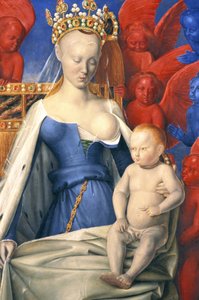 Kojící Panna v hermelínovém plášti vyobrazená jako Agnes Sorel - detail - (podle Panny Marie Antverpské, od Jeana Fouqueta, cca 1452-1455)