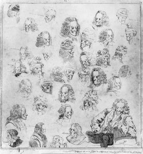Různé melodie ve 30 Voltairových hlavách. Portréty Francoise Marie Arouet, dit Voltaire (1694-1778) „“různé Voltairovy fyziognomie“““. Silná voda připisovaná Dominique Vivant-Denon (Vivant Denon) (1747-1825) po Jean Huber (1721-1786). Muzeum C od Jean (after) Huber