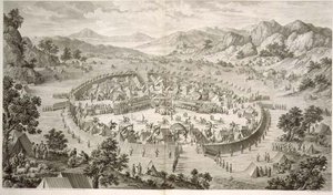 Tchao-Hoei obsazuje své jednotky cvičeními a vojenskými hrami v roce 1758, deska 5 ze série tisků představujících dobytí Qianlonga, čínského císaře, vyryl Pierre Philippe Choffard (1730-1809) 1772 (rytina) od Jean (d.1781) (after) Damascene