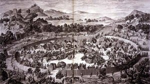 Tchao-Hoei ve svém táboře pod hradbami Yerechimu přijímá v červenci 1759 poctu obyvatel města a provincie, deska 4 ze série tisků představujících dobytí Qianlonga, čínského císaře, vyryl Pierre Philippe Cho od Jean (d.1781) (after) Damascene
