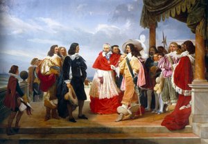 Nicolas Poussin francouzského malíře přijíždějícího z Říma představuje kardinál Richelieu francouzskému králi Ludvíku XIII., detail
