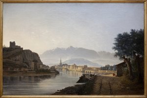 Pohled na Grenoble převzatý z Quai de la Graille, Olejomalba Jeana Acharda (1807-1884) z roku 1837. Fotografie, KIM Youngtae, Grenoble, Musee de Grenoble.
