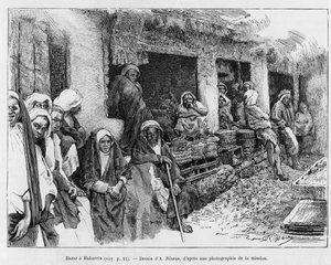 Bazar v Bahrajnu, Čad. Rytina od A.Rixense k ilustraci příběhu A Suse, journal des excavilles