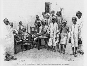 Kavárna na Steamer Point Bazaar, Aden, Jemen. Rytina od A.Rixense k ilustraci příběhu A Suse, journal des excavilles