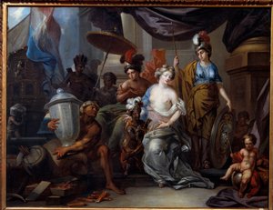 Amerika přináší své bohatství do Evropy Evropa Evropa, mladá žena s bledou pletí, přijímá indiány z Ameriky, kteří jí přinášejí exotické jídlo. Obraz Jean Andreas Biset (17. století) La Rochelle, Musee du Nouveau monde od Jean Andreas Biset