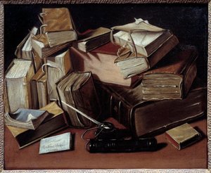 Zátiší s knihami Malba Jean Andreas Biset (1672-cca 1710). Bourg en Bresse, Musee de Breu - Zátiší s knihami. Obraz Jean Andreas Biset (1672-cca 1710). Breu Museum, Bourg en Bresse, Francie od Jean Andreas Biset