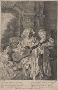 V kostýmu Mezetina, tisk Henri Simon Thomassin kolem 1717-1726 (lept) od Jean Antoine (after) Watteau