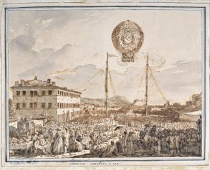Aerostat postavený v Aix. Balón postavený v Aix en Provence. Kresba Jean Antoine Constantin dit Constantine d