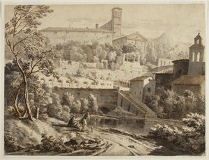 Umělec skicující na břehu řeky pod italským městem, asi 1780 (tuš a wash na křídovém papíře, stopy černé křídy) od Jean Antoine Constantin