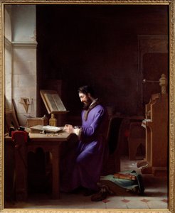 Johannes Gensfleisch Gutenberg (1400-1468) vynalézající tiskařský lis Německý tiskař je představitelem manipulace se znaky ve své kanceláři. Obraz Jean Antoine Laurent (1763-1832) 1830 Grenoble, Musee des Beaux Arts