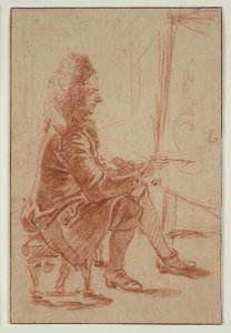 Malíř s kšticí (pravděpodobně Claude Audran), kolem roku 1709 (červená křída na buffovém papíře, položeno na krémové podložce) od Jean Antoine Watteau
