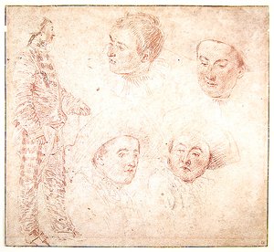 Postava a čtyři hlavy (červená křída na papíře) od Jean Antoine Watteau