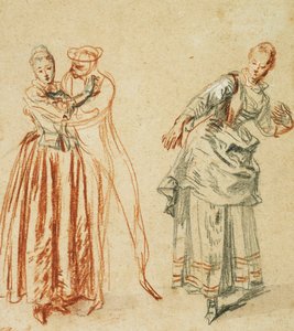 Scéna z commedia dell"arte: Dívka, která se brání pokusům komika, a herečka, která dělá krok, kolem roku 1718 od Jean Antoine Watteau